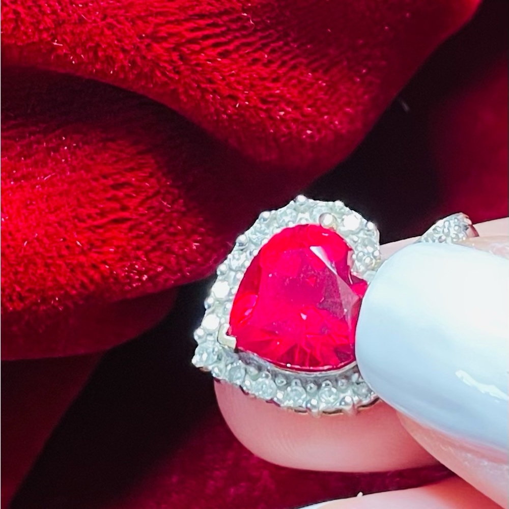 Lab Grown Heart Shaped Ruby Pendant Set in 10k Gold with Diamond Surround